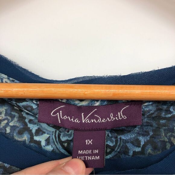 Gloria Vanderbilt Wilhemina Blouse Blue Green Popover Size 1X NWT Artsy Abstract - Picture 2 of 9